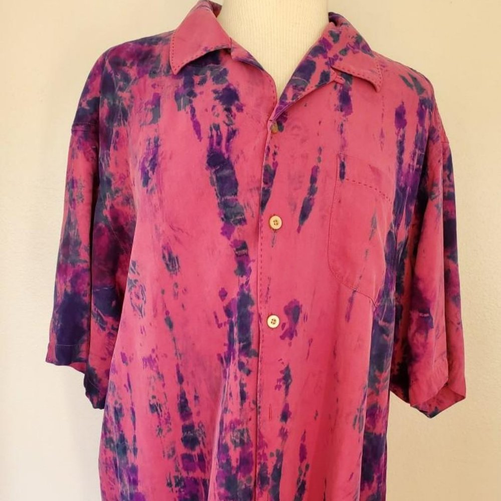 Painted Tommy bahama silk shirt pink blue purple black tropical large tie dye XL